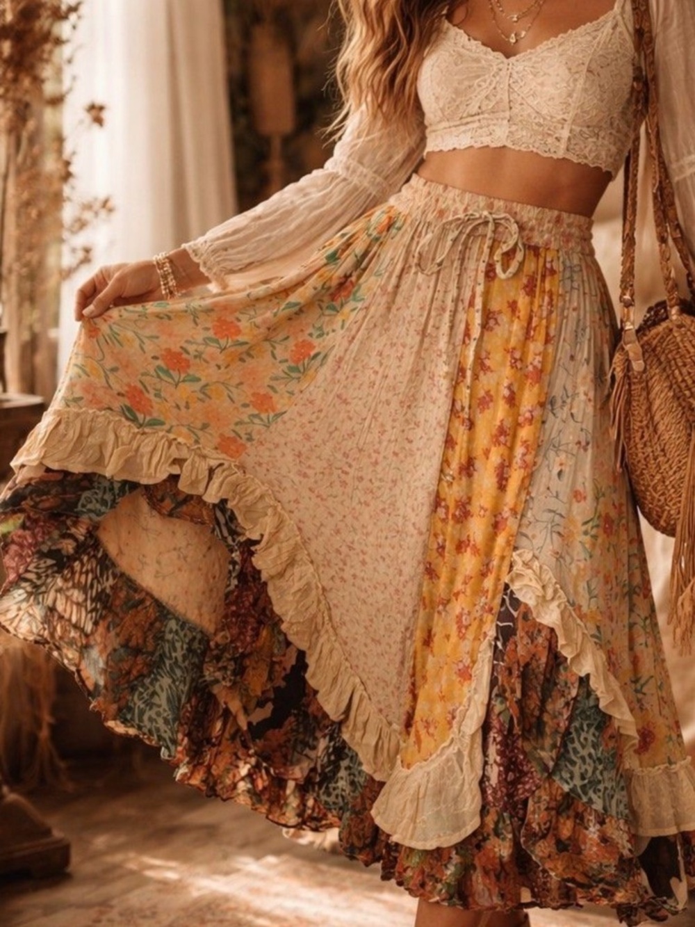 Boho Patchwork Maxi Skirt in Cream and Yellow